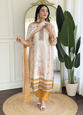 Off White Viscose Digital Print Hand Embroidered Straight Pant Suit