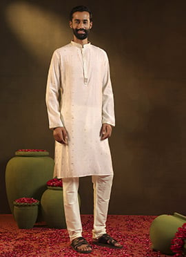 Off White Viscose Embroidered Kurta Pyjama For Men