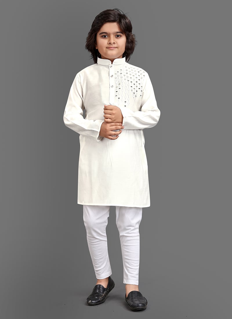 Off White Viscose Embroidered Thread Kids Boys Kurta Pyjama Festive Wear
