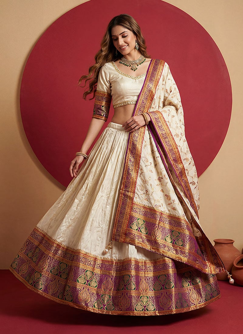 Off White Viscose Embroidered Zari A Line Lehenga Festive Wear