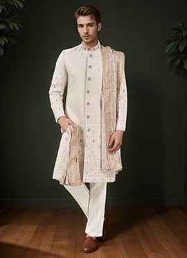Off White Viscose Georgette Sequins Classic Sherwani