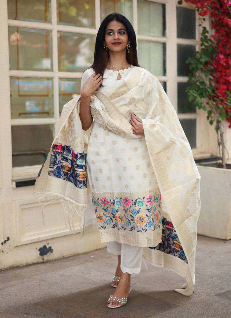 Off White Viscose Jacquard Jacquard Straight Pant Suit After Six Wear