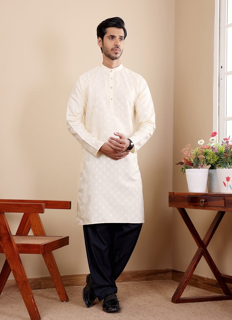 Off White Viscose Jacquard Kurta
