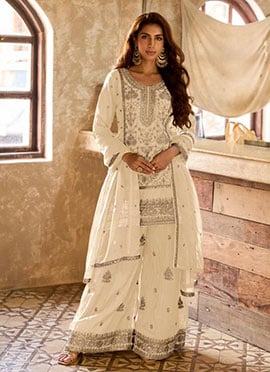 Off White Viscose Organza Embroidered Sequins Palazzo Suit