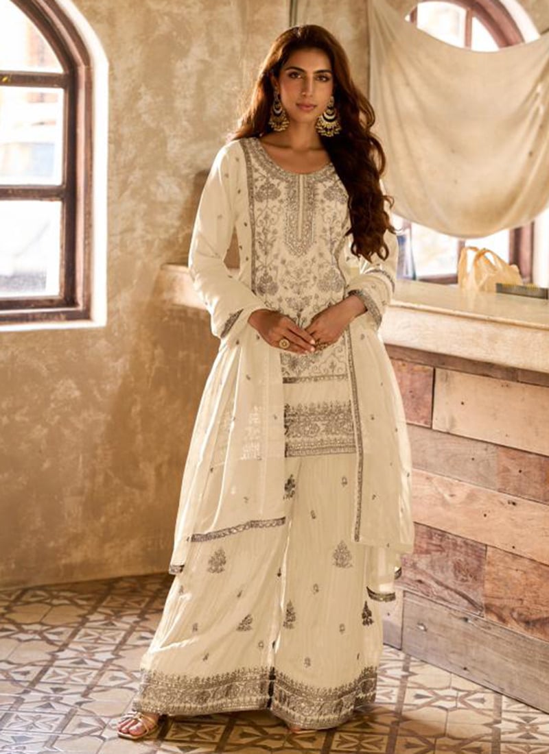 Off White Viscose Organza Embroidered Sequins Palazzo Suit Festive Wear