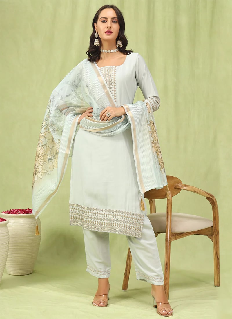 Off White Viscose Roman Silk Embroidered Straight Pant Suit After Six Wear