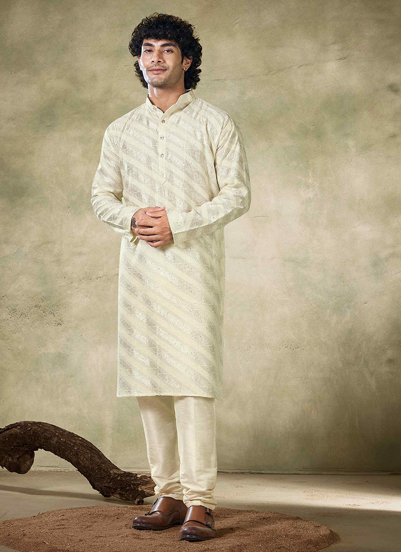 Off White Viscose Sequins Kurta Pyjama Festive Wear