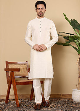 Off White Viscose Silk Embroidered Kurta Pyjama