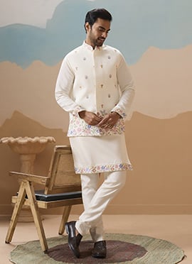 Off White Viscose Silk Embroidered Sequins Bandi Set For Men