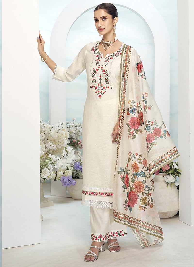 Off White Viscose Silk Embroidered Sequins Straight Pant Suit Festive Wear