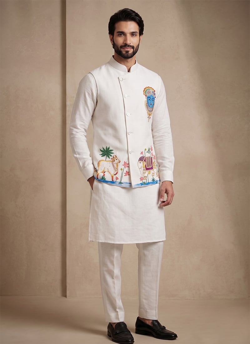 Off White Viscose With Embroidered Classic Waist Coat Kurta Pyjama Set Festive Wear