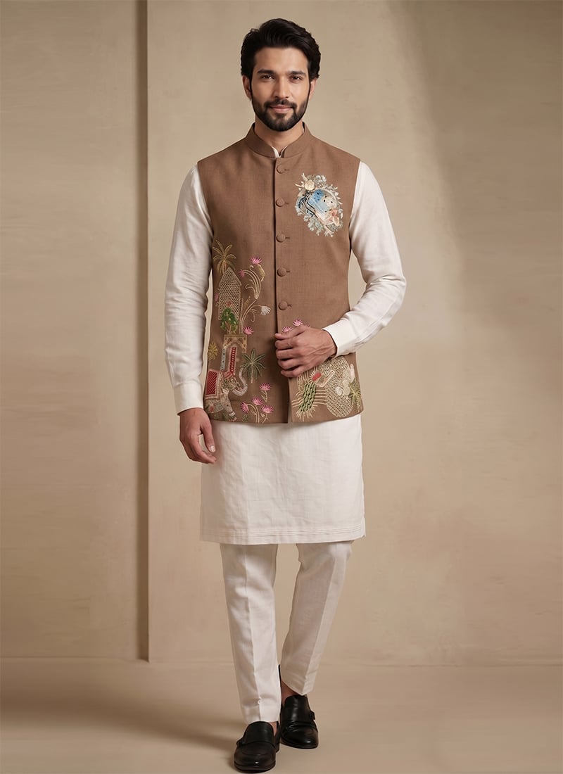 Off White Viscose With Embroidered Classy Waist Coat Kurta Pyjama Set Festive Wear