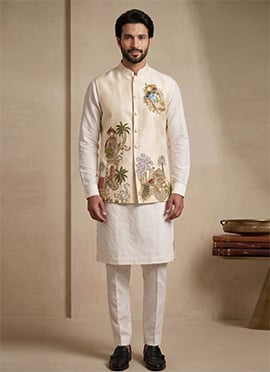Off White Viscose With Embroidered Elegant Waist Coat Kurta Pyjama Set