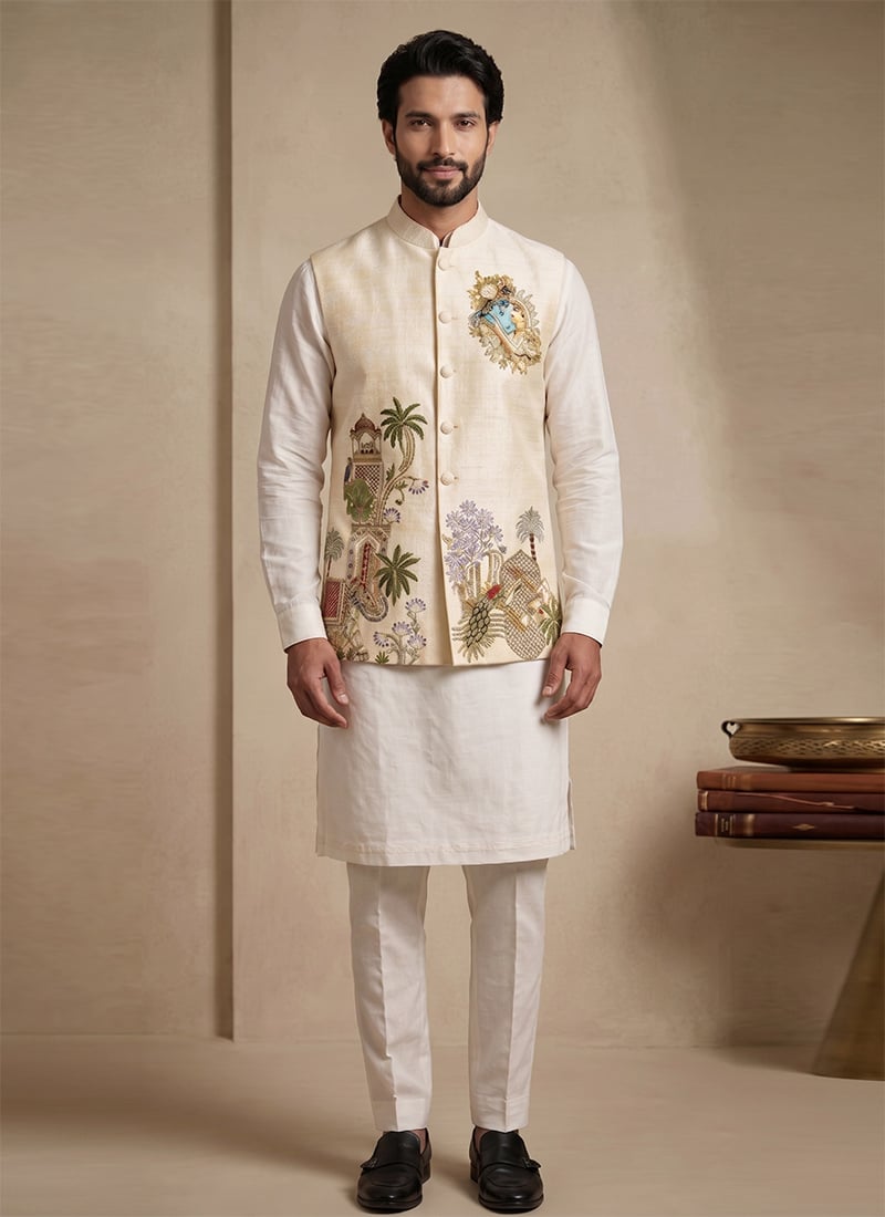 Off White Viscose With Embroidered Elegant Waist Coat Kurta Pyjama Set Festive Wear