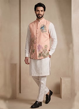 Off White Viscose With Embroidered Regal Waist Coat Kurta Pyjama Set