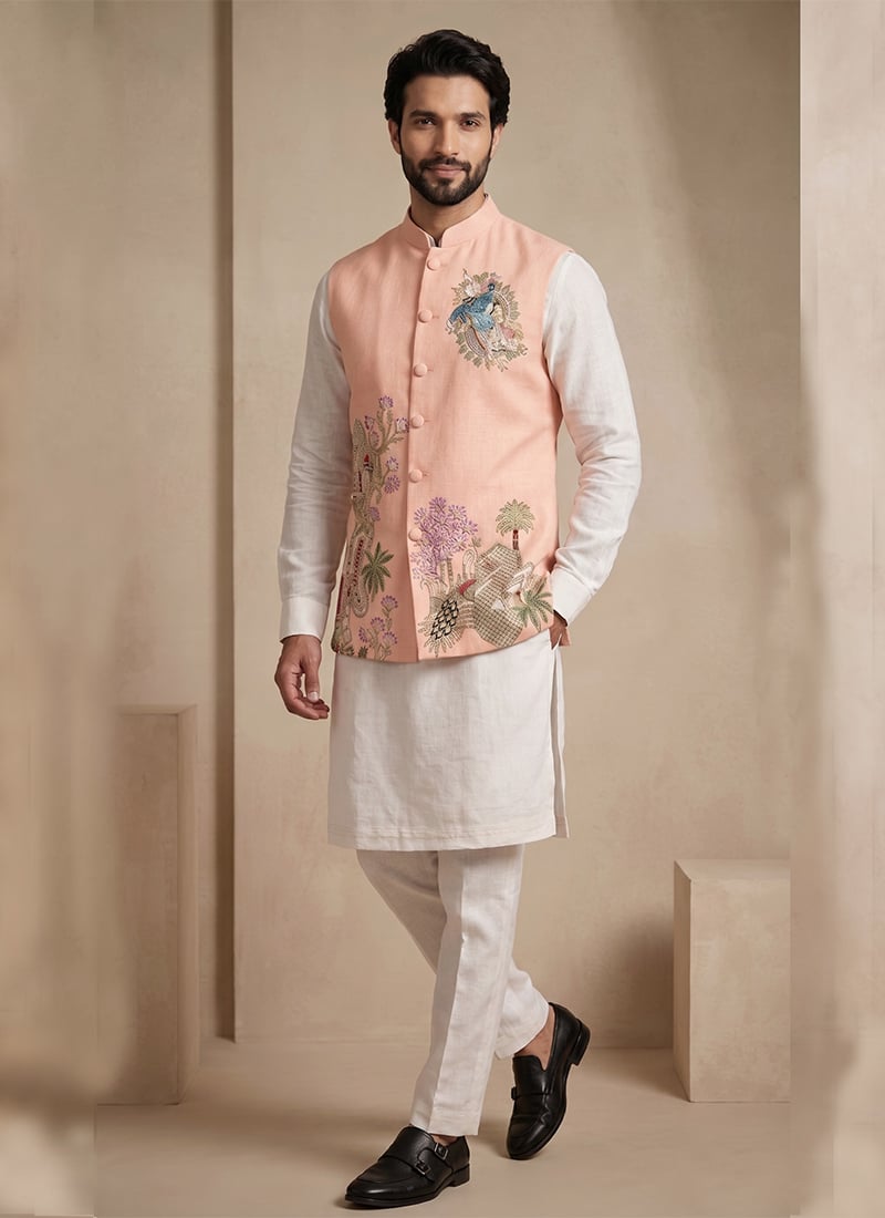 Off White Viscose With Embroidered Regal Waist Coat Kurta Pyjama Set Festive Wear