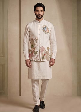 Off White Viscose With Embroidered Waist Coat Kurta Pyjama Set