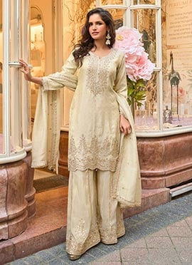 Off White Viscose Zari Embroidered Sequins Beads Sharara Suit