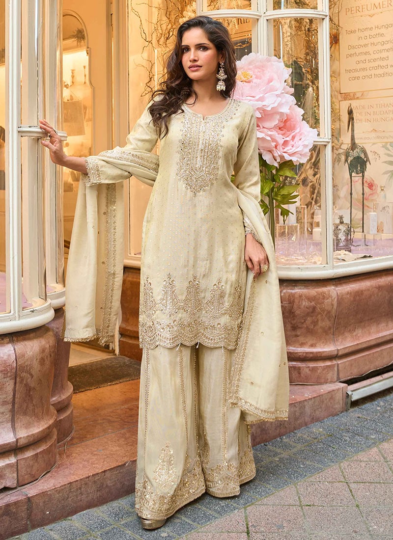 Off White Viscose Zari Embroidered Sequins Beads Sharara Suit Festive Wear