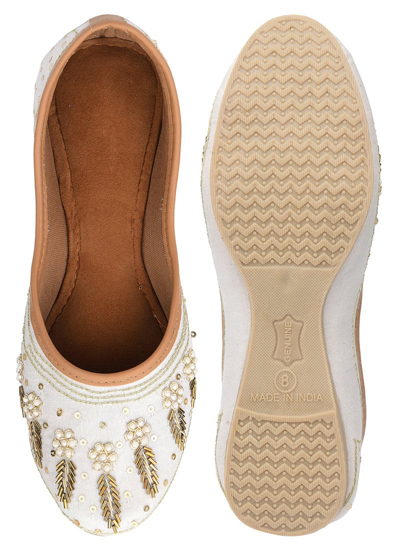 Off White Zardosi Hand Embroidered Sequins With Moti Work Juti