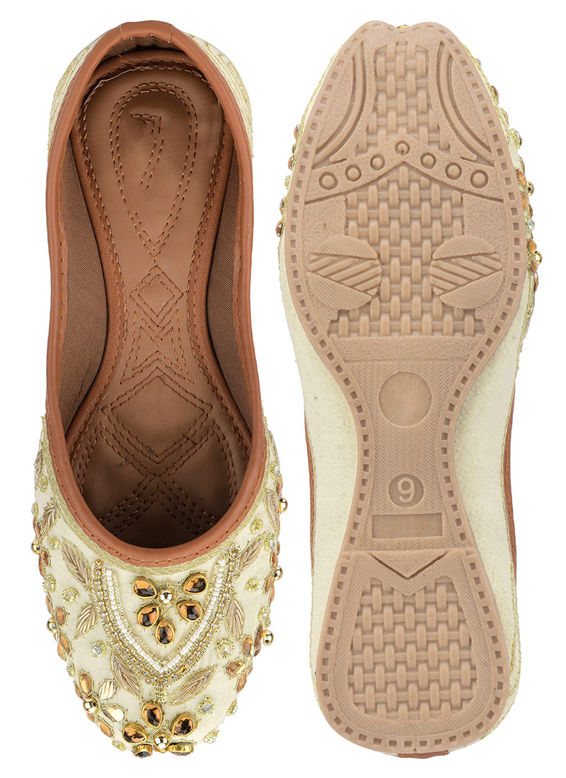 Off White Zardosi Hand Embroidered Stone And Beads Work Juti