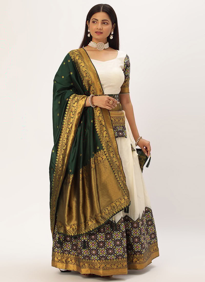 Off White Zari Embossed Patols Silk A Line Lehenga Festive Wear