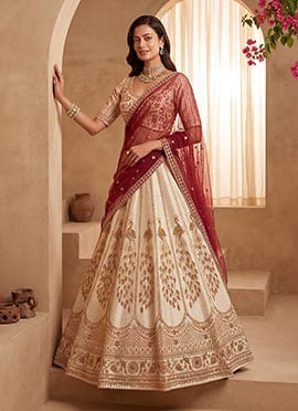 Off White Zari Hand Embroidered Sequins Gadhwal Silk  Bridal Lehenga Set