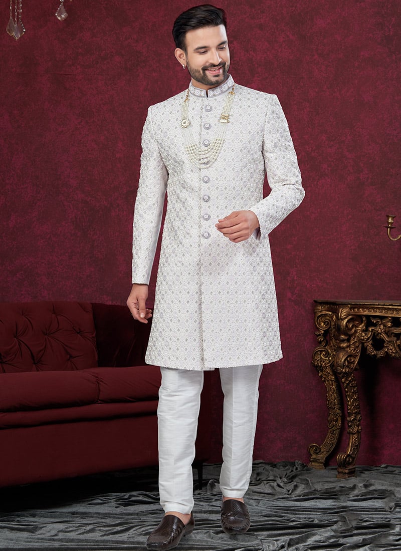 Off White Zari Jacquard Hand Work Indowestern Sherwani
