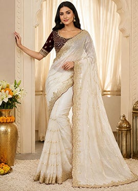 Off White Zari Sequins Embroidered Silk Saree