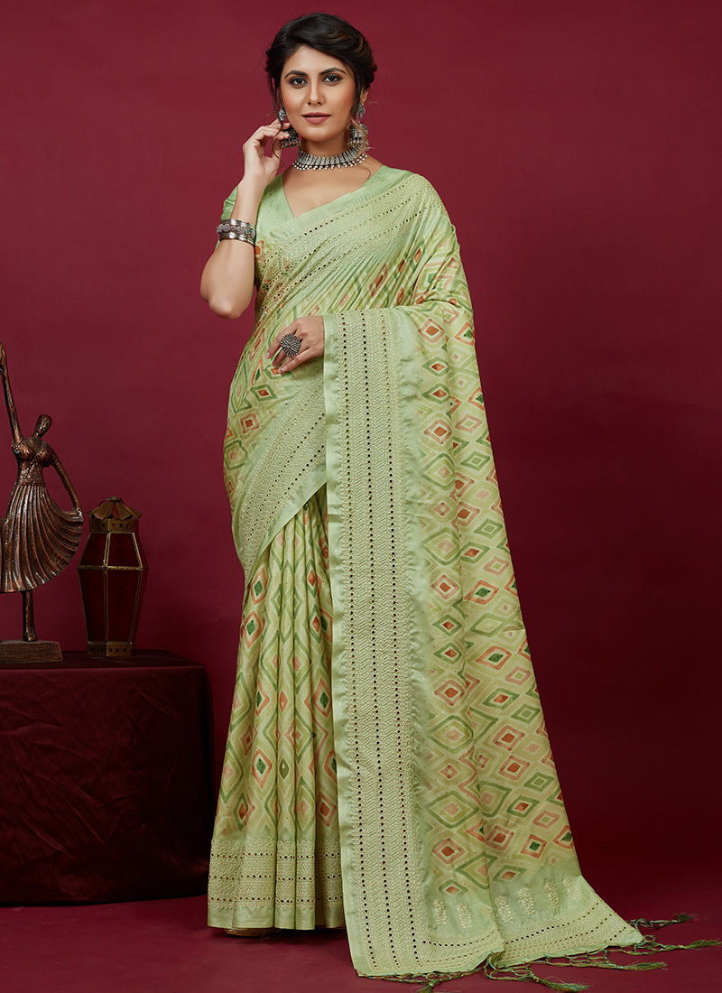 Olive Art Silk Cotton Printed Chikankari Sari Festive Wear