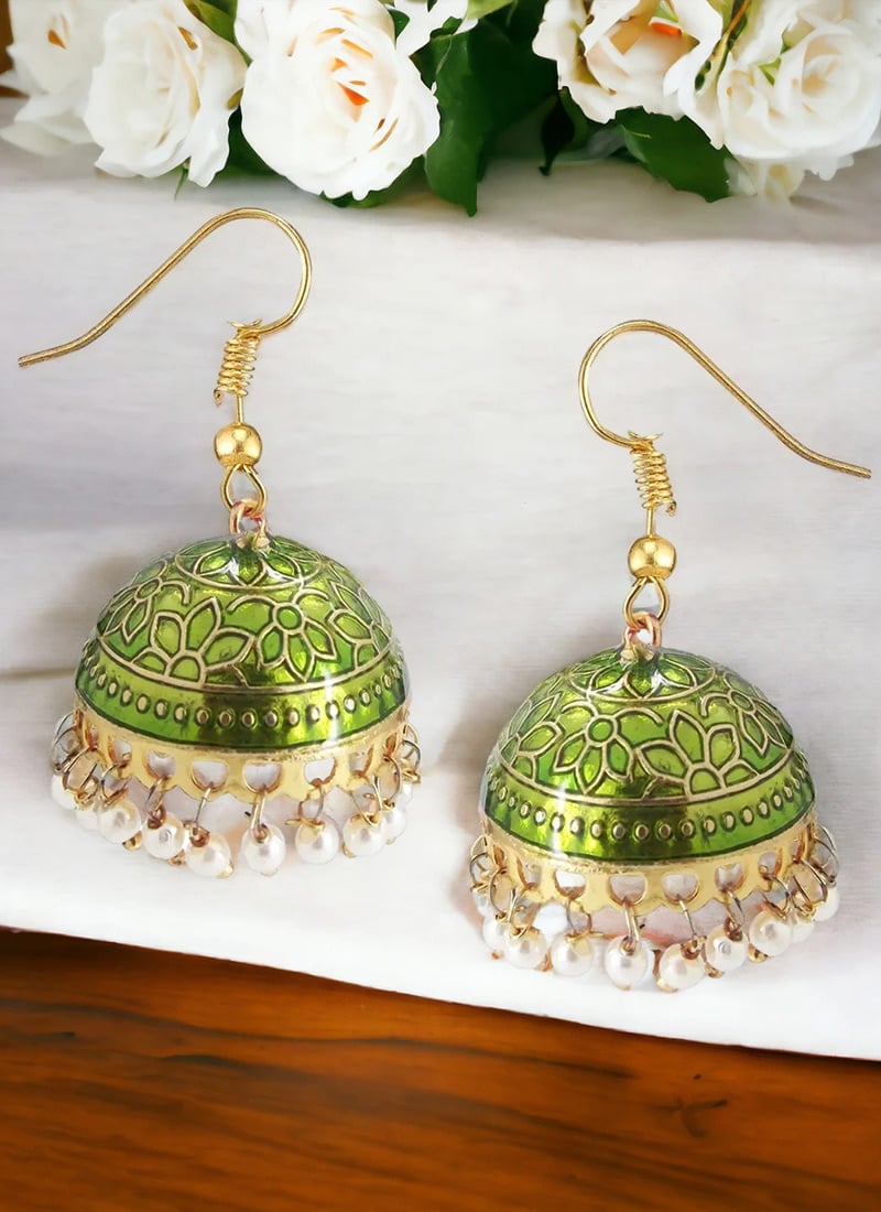 Olive Beads Meenakari Jhumka Festive Wear
