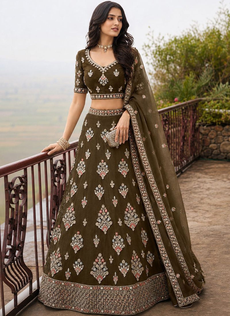 Olive Brown Zari Resham Embroidered Soft Net Lehenga Wedding Wear