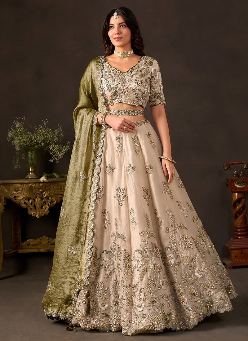 Olive Gold Fandy Silk Zari Sequins Embroidered Lehenga Wedding Wear