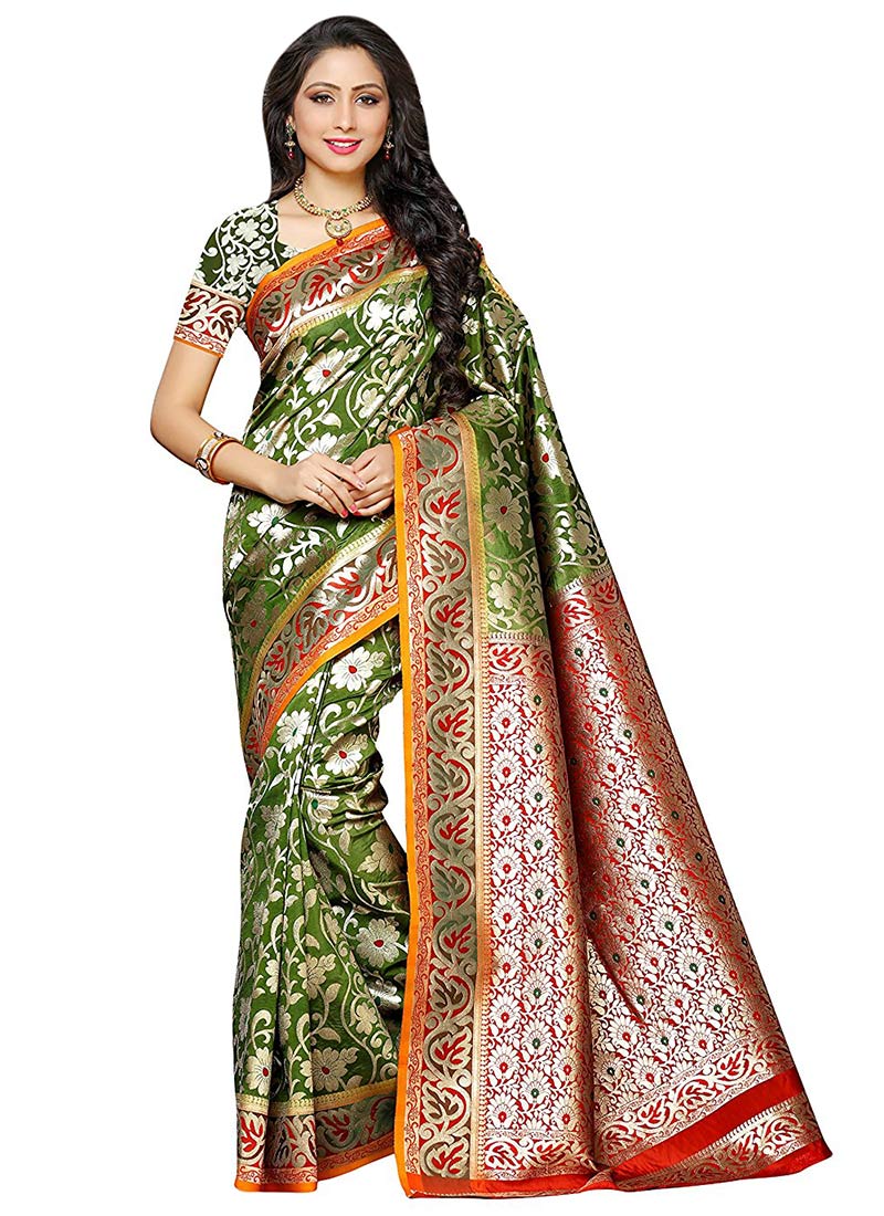 Olive Green Art Silk Saree Festive Wear