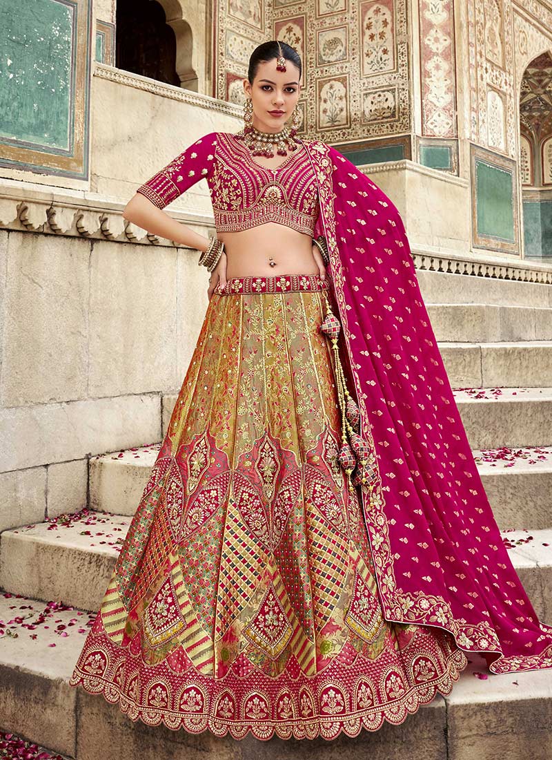 Olive Green Banarasi Silk Zari Embroidered Sequins Stone Work Lehenga Wedding Wear