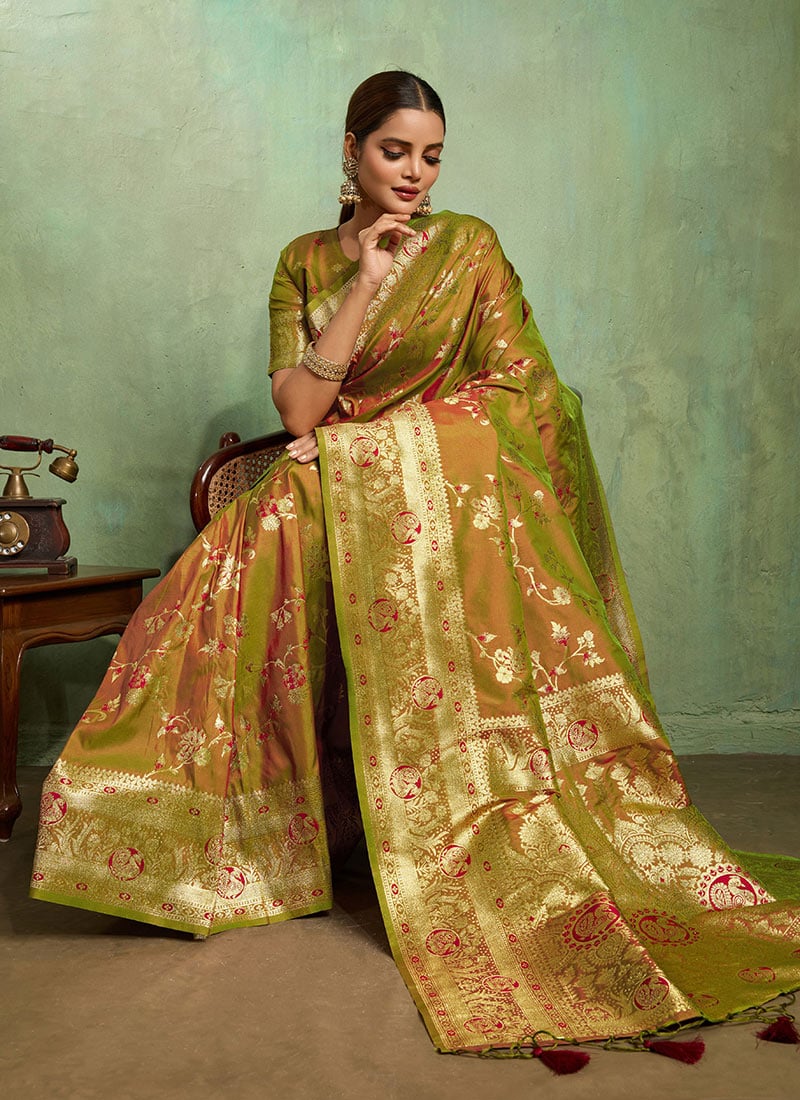 Olive Green Banarasi Silk Zari Saree Festive Wear