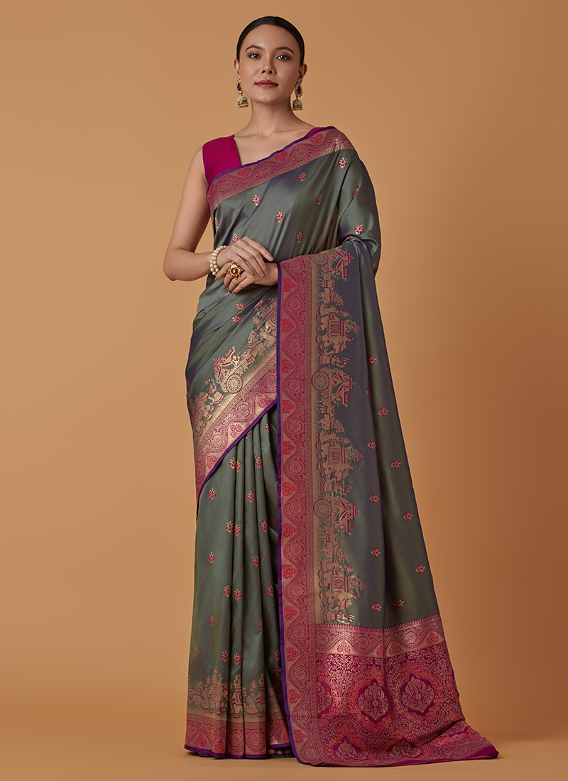 Olive Green Banarasi Silk Zari Woven Saree Festive Wear