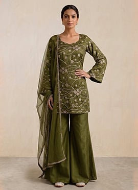 Olive Green Bell Sleeve Silk Zari Sequins Sharara Suit