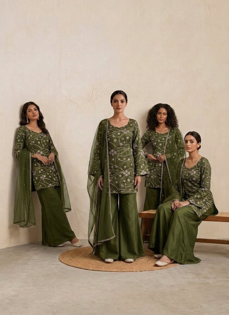 Olive Green Bell Sleeve Silk Zari Sequins Sharara Suit After Six Wear