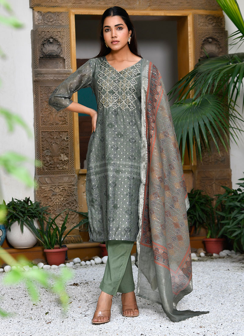 Olive Green Chanderi Printed Embroidered Straight Pant Suit
