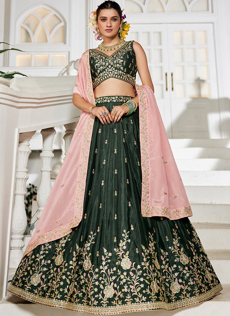 Olive Green Chiffon Embroidered Sequins Lehenga Wedding Wear
