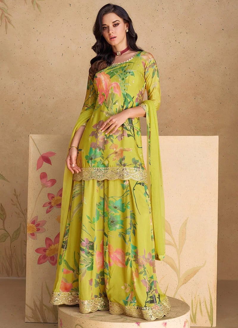 Olive Green Chinon Floral Digital Print Sequins Palazzo Suit For Stylish