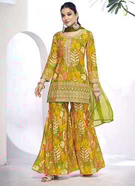 Olive Green Chinon Floral Print Embroidered Mirror Work Chic Sharara Suit