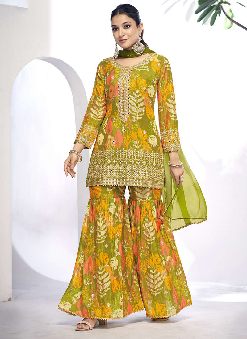 Olive Green Chinon Floral Print Embroidered Mirror Work Chic Sharara Suit Party Wear
