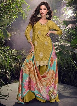 Olive Green Chinon Silk Embroidered Sequins And Digital Print Palazzo Suit