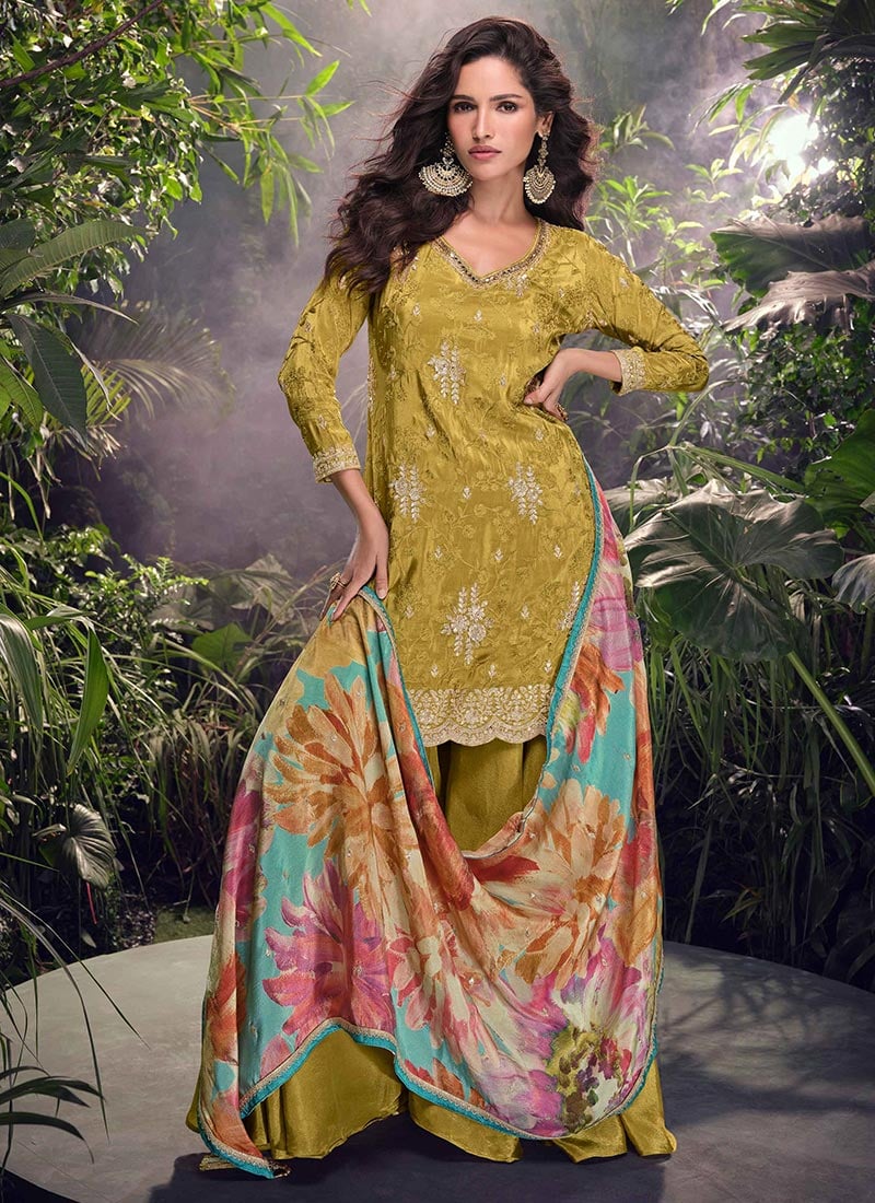 Olive Green Chinon Silk Embroidered Sequins And Digital Print Palazzo Suit Festive Wear