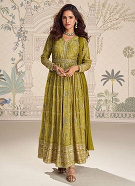 Olive Green Chinon Silk Embroidered Sequins Zari Bandhini Anarkali Suit