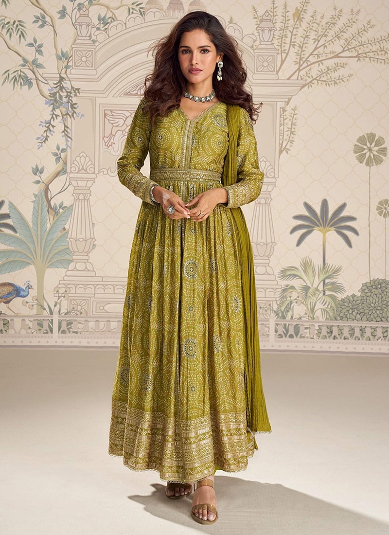 Olive Green Chinon Silk Embroidered Sequins Zari Bandhini Anarkali Suit Festive Wear