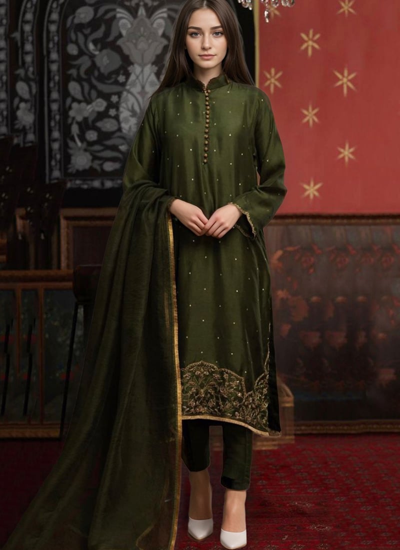 Olive Green Silk Zardosi Hand Embroidered Straight Pant Suit Festive Wear