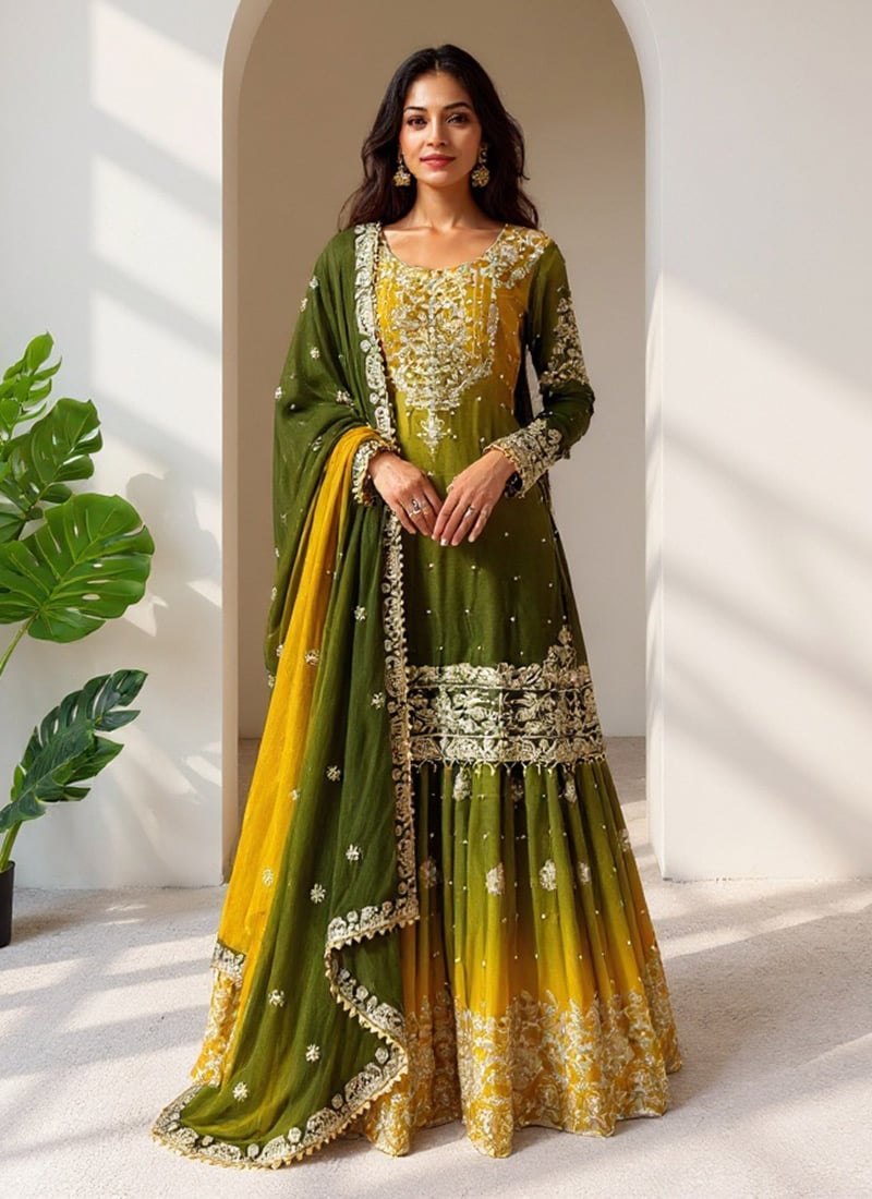 Olive Green Chinon Zari Sequins Moti Sharara Suit  Festive Wear
